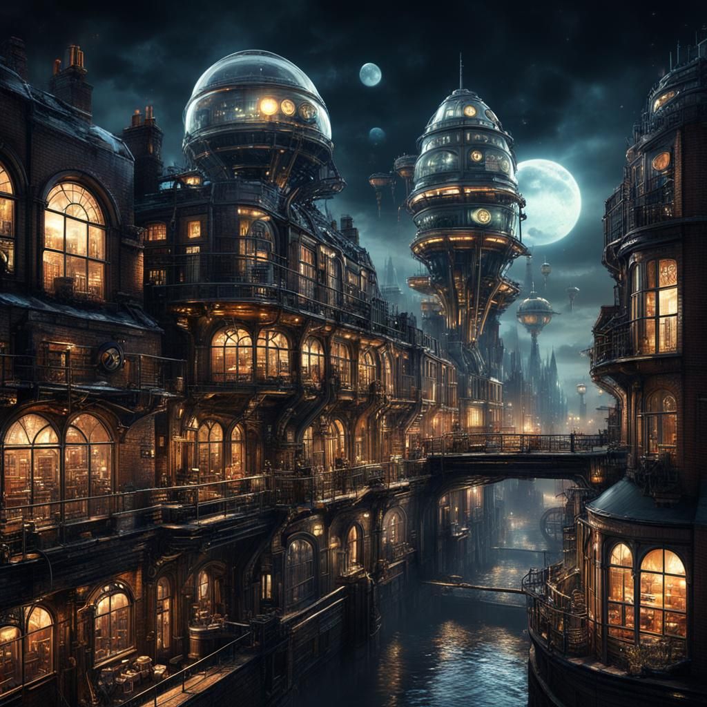 Futuristic Steampunk London at Night with Airship
