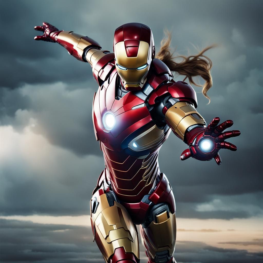 Female Iron Man in Flight: Hyperrealistic Concept Art