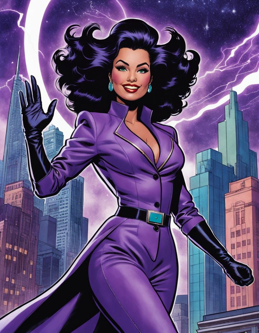 Fifties Superhero Girl Soars Over Cosmic City in Retrofuturi...