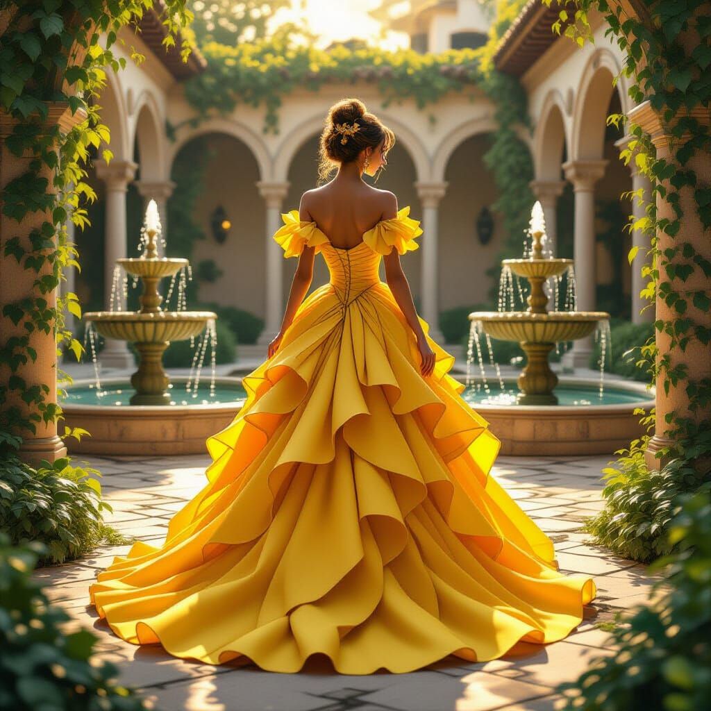 Princess in Daffodil Gown in Courtyard