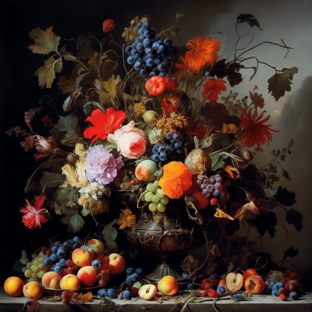 Still Life with Flowers and Fruit in Golden Age Style