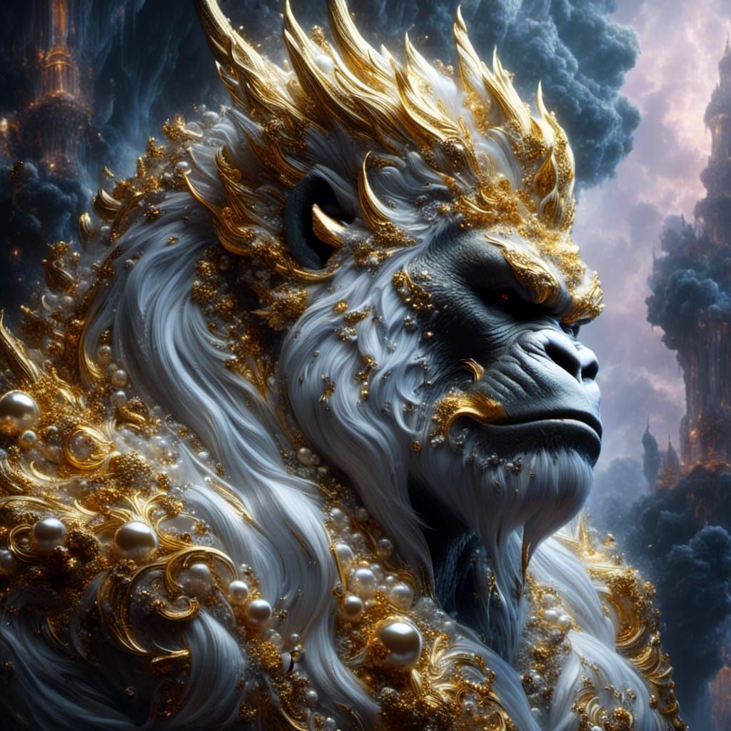 Golden Dragon Gorilla with Viking: Hyperrealistic Art