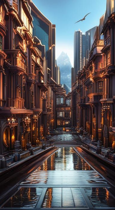 Futuristic City Street in Art Nouveau Style