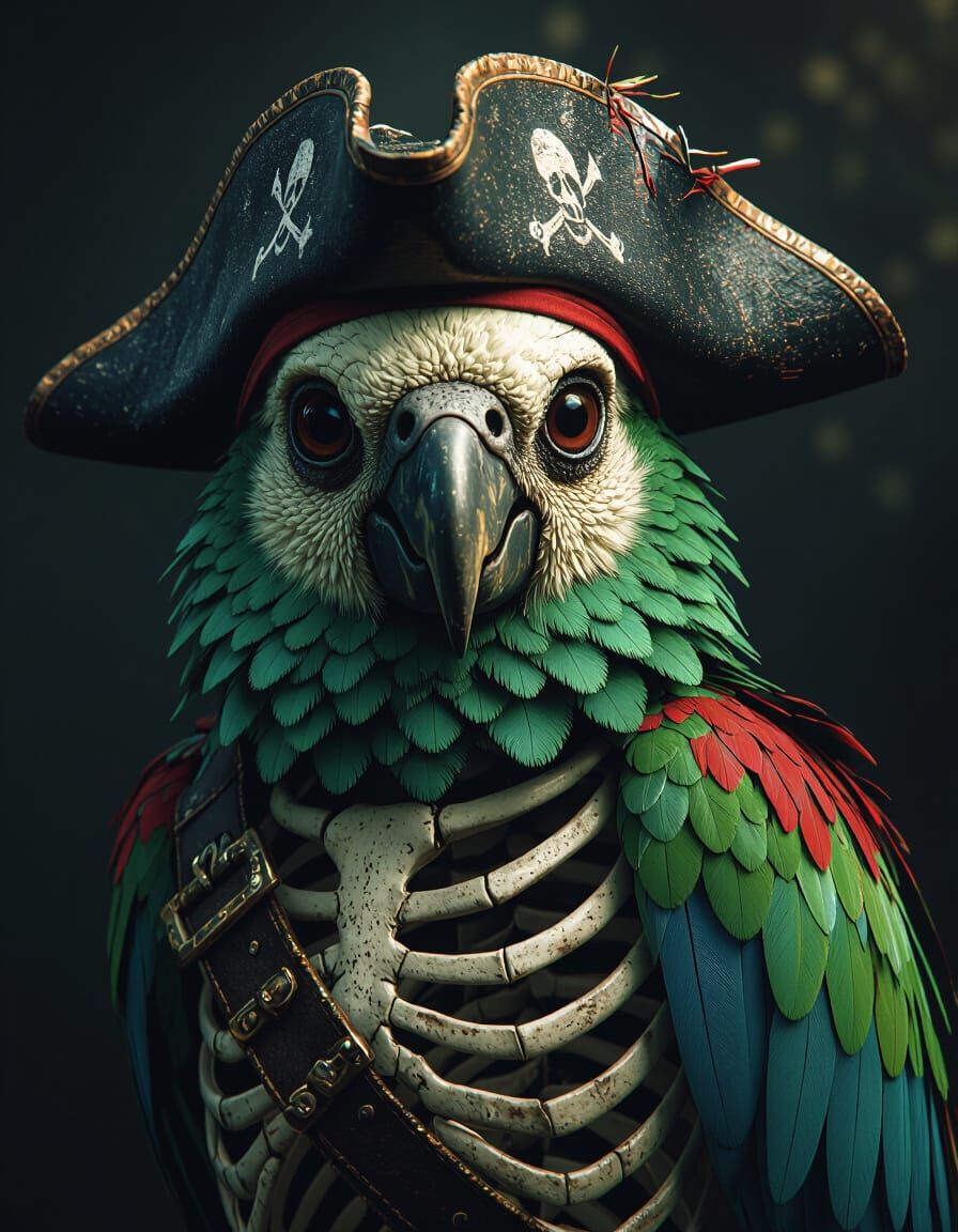 Skeletal Parrot in Tattered Hat: Cinematic Film Still