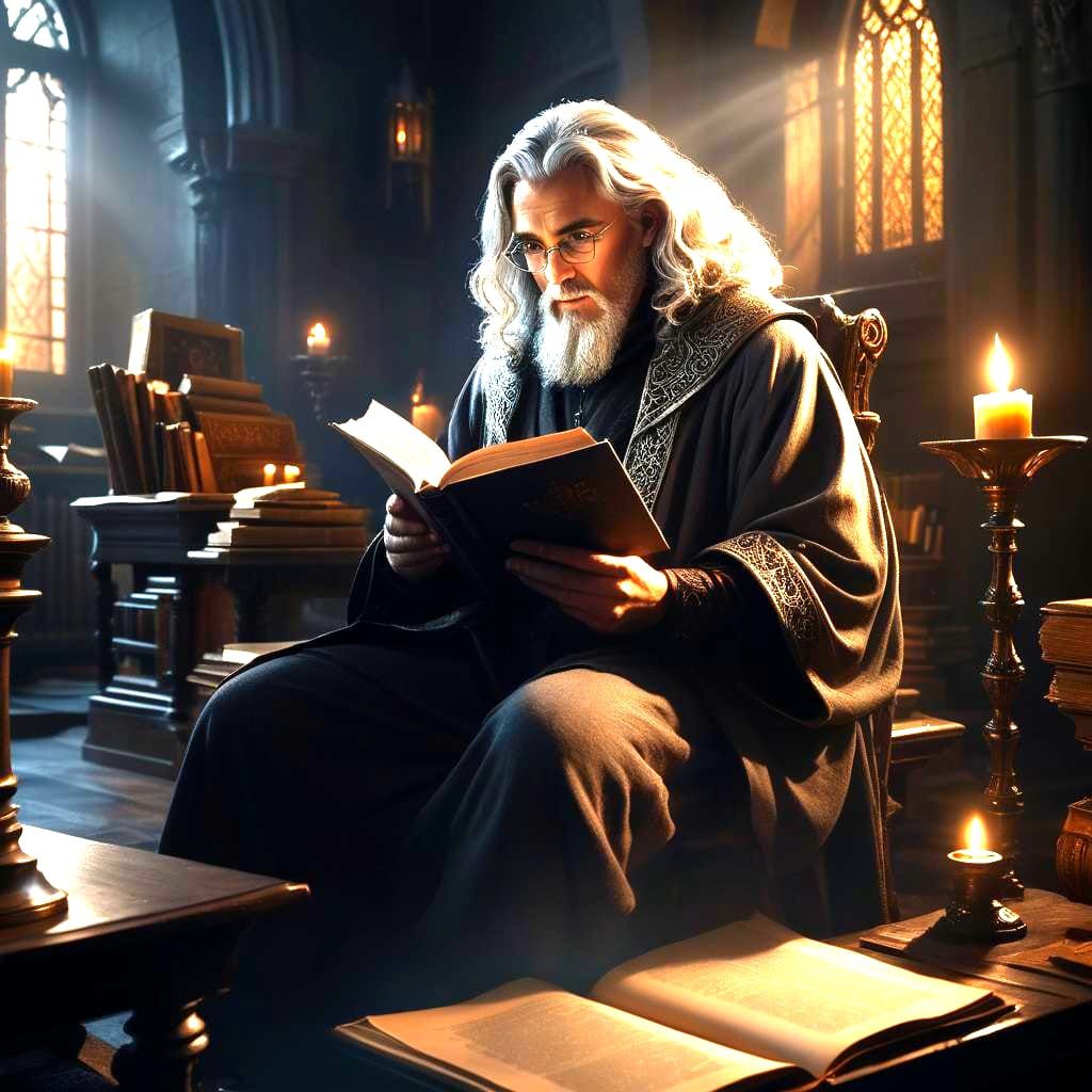 Handsome Wizard Reading Book in Study: Digital Painting