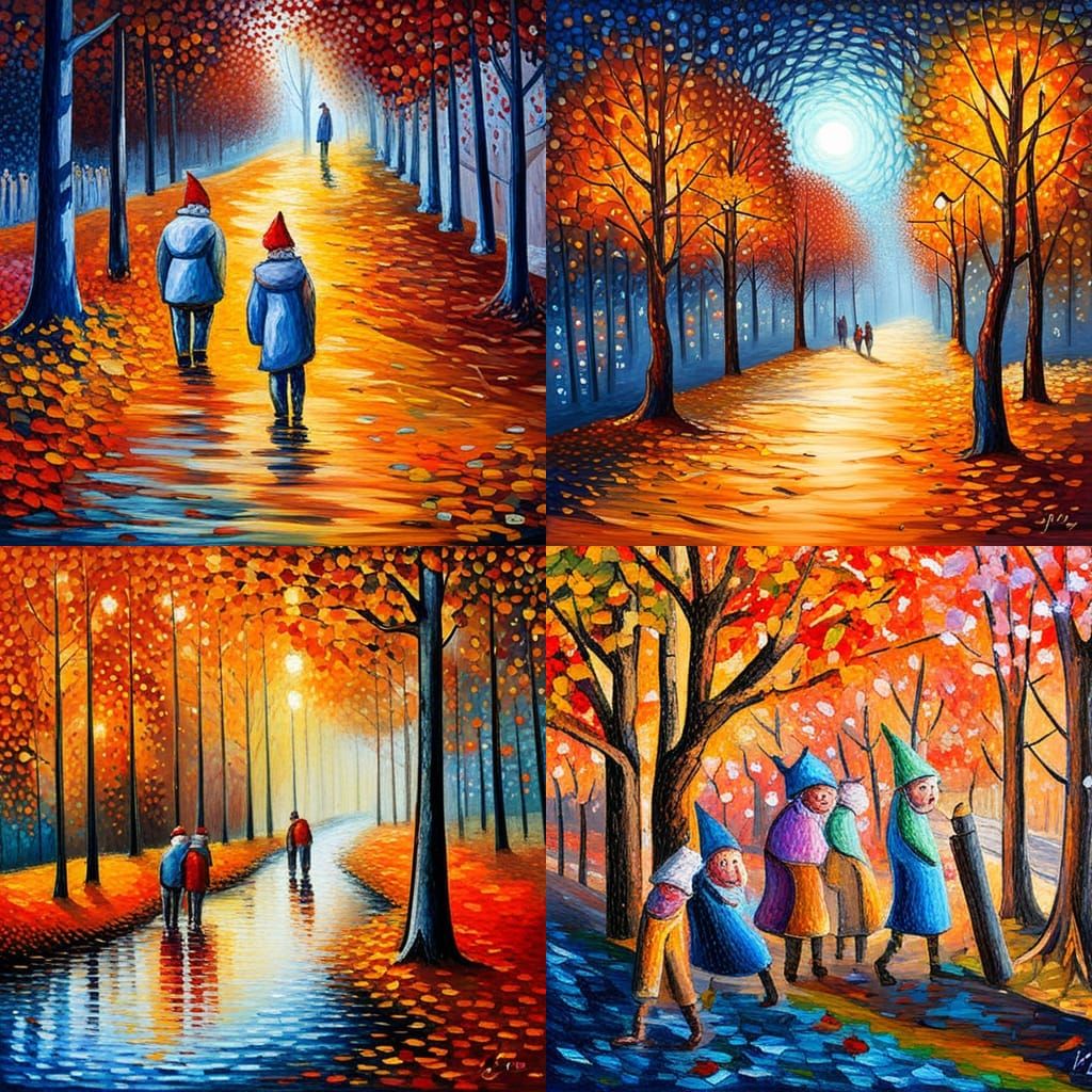 Christmas Elves Collect Autumn Leaves: Expressionist Oil Pai...