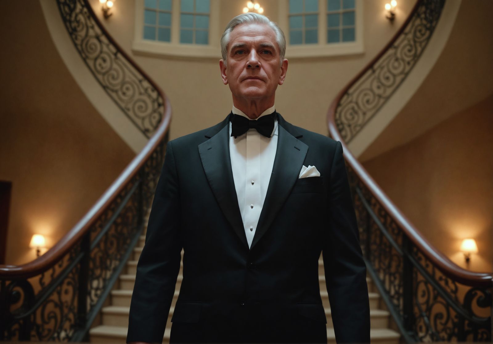 Art Deco Butler Stands Before Staircase