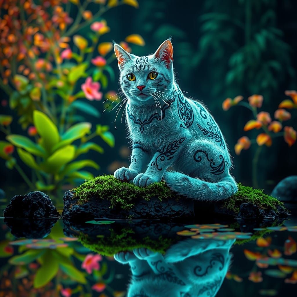 Ethereal Blacklight Cat Amidst Neon Vegetation