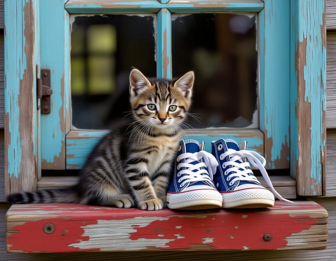 Tabby Kitten and Converse on Rustic Windowsill