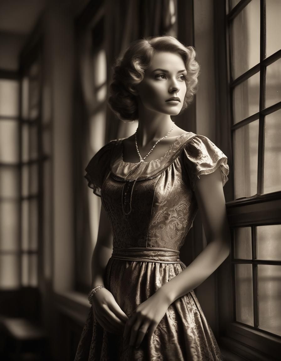 Vintage Sepia Portrait of Woman in Loft
