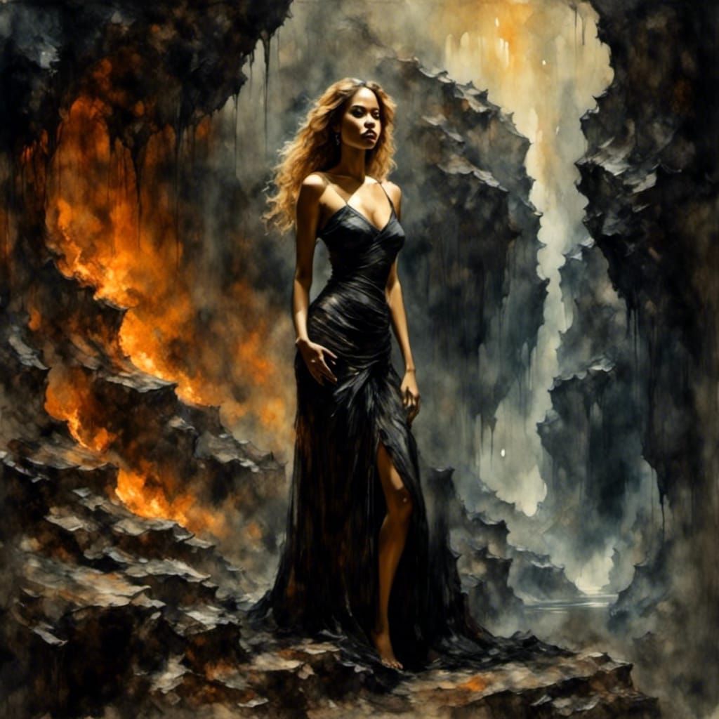 Obsidian Cave Entrance with Woman in Dark Fantasy Style