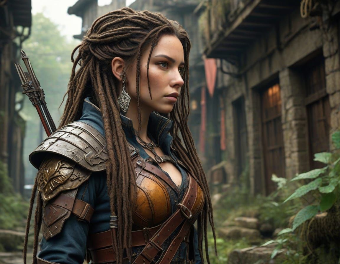 Dark Fantasy Adventuress in Ruined City Street