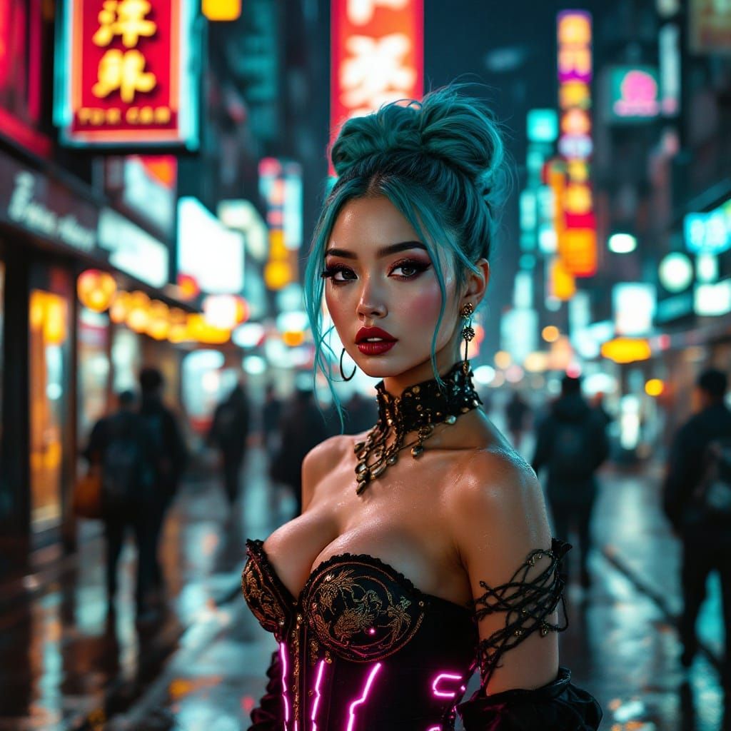 Cyberpunk Goddess in Neon-Lit Cityscape