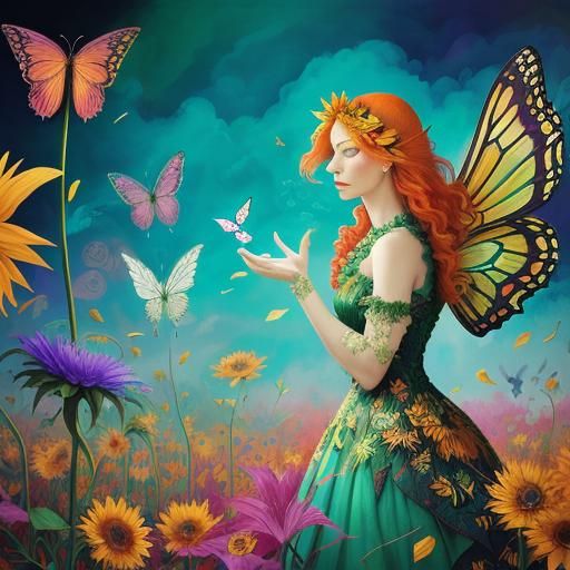 Winged Flower Fairy in Surreal Dreamscape