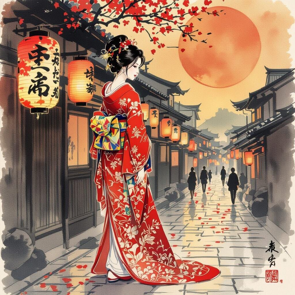 Red Woman in Kyoto Under Lanterns, Ink and Fire Style