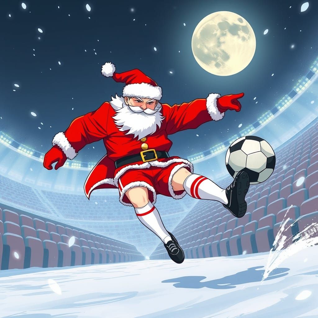 Santa Claus Soccer Star in Dim Moonlit Stadium, Inspired by....