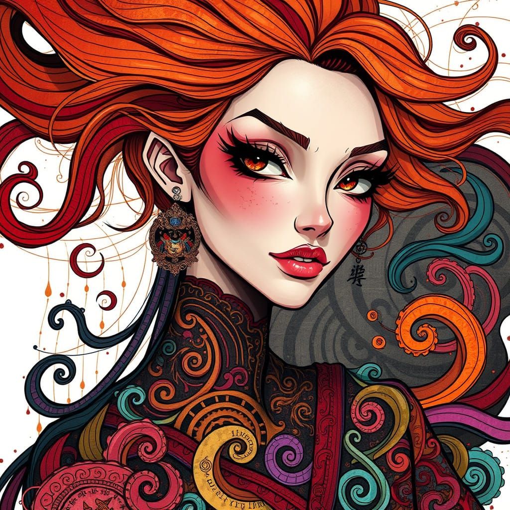 Colorful, Whimsical Portrait of a Woman in a Fantastical Aes...