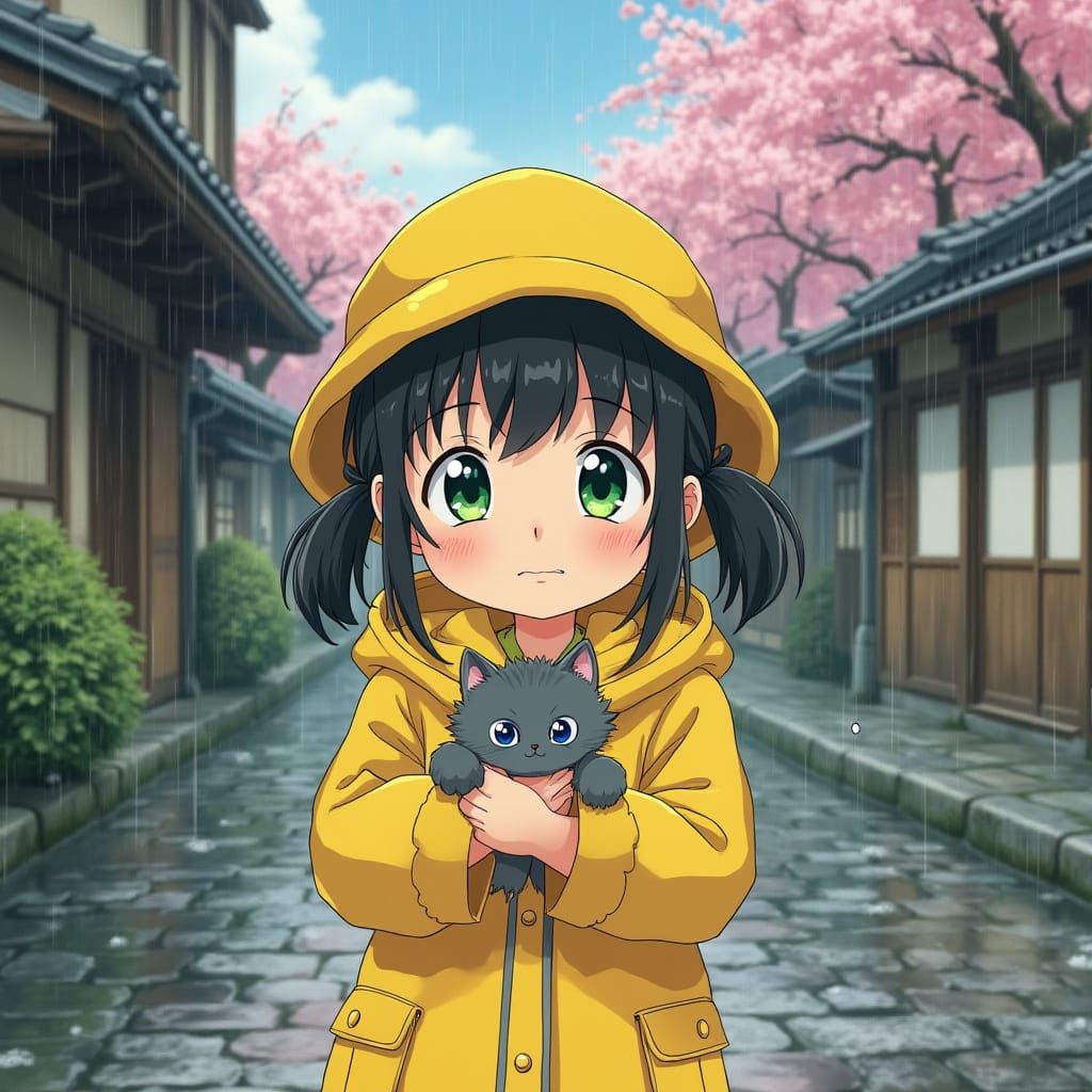 Rainy Day Joy in Traditional Japanese Setting