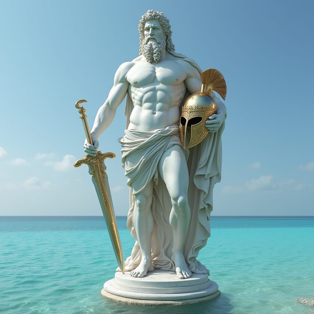 Ares, Greek God of War, Standing Proudly on a Crystal Sea