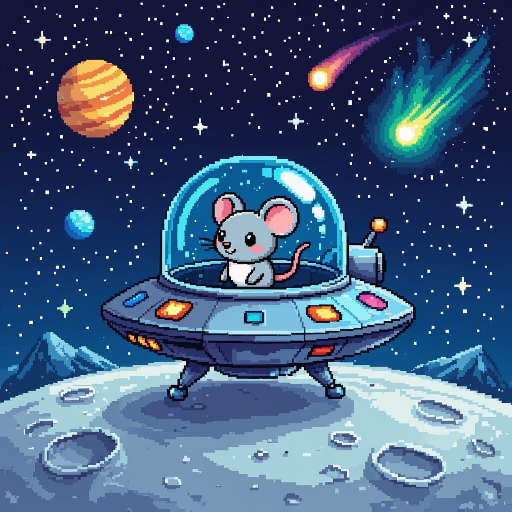 Pixel Cartoon Alien Spaceship with Chibi Mouse