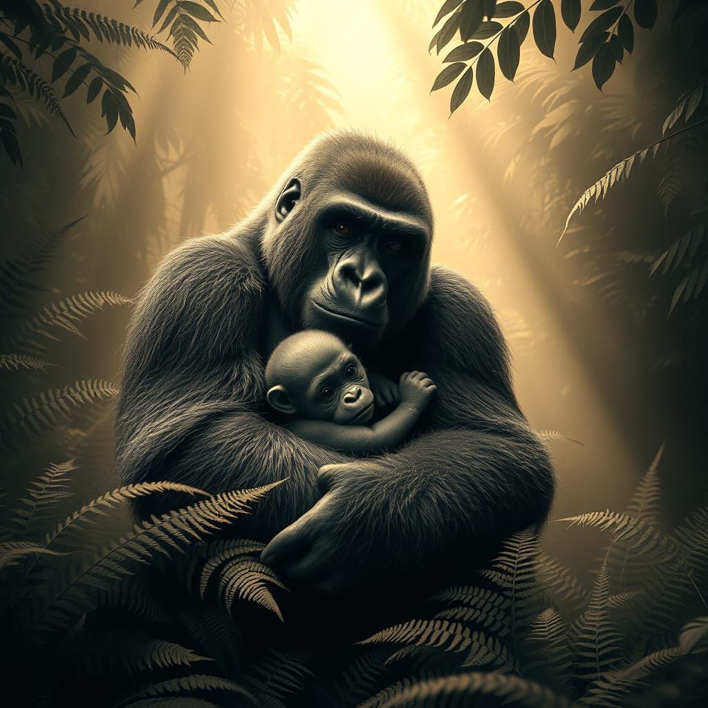 Gentle Giant Gorilla Cradles Baby in Serene Jungle Scene