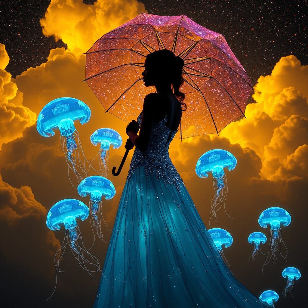 Ethereal Dark Fantasy Girl in Iridescent Umbrella, Shimmerin...
