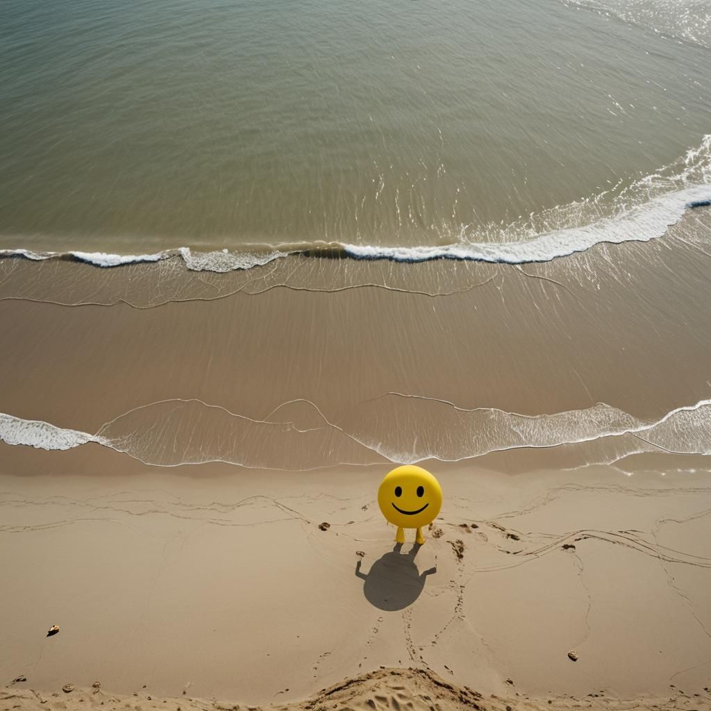 Giant Smiley Emoji Waves on Beach: Surreal Image