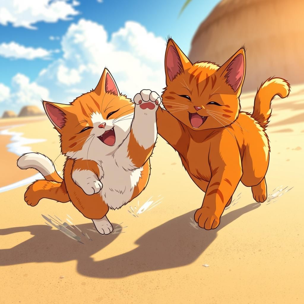 Two Cats Play on the Beach in Manga Style