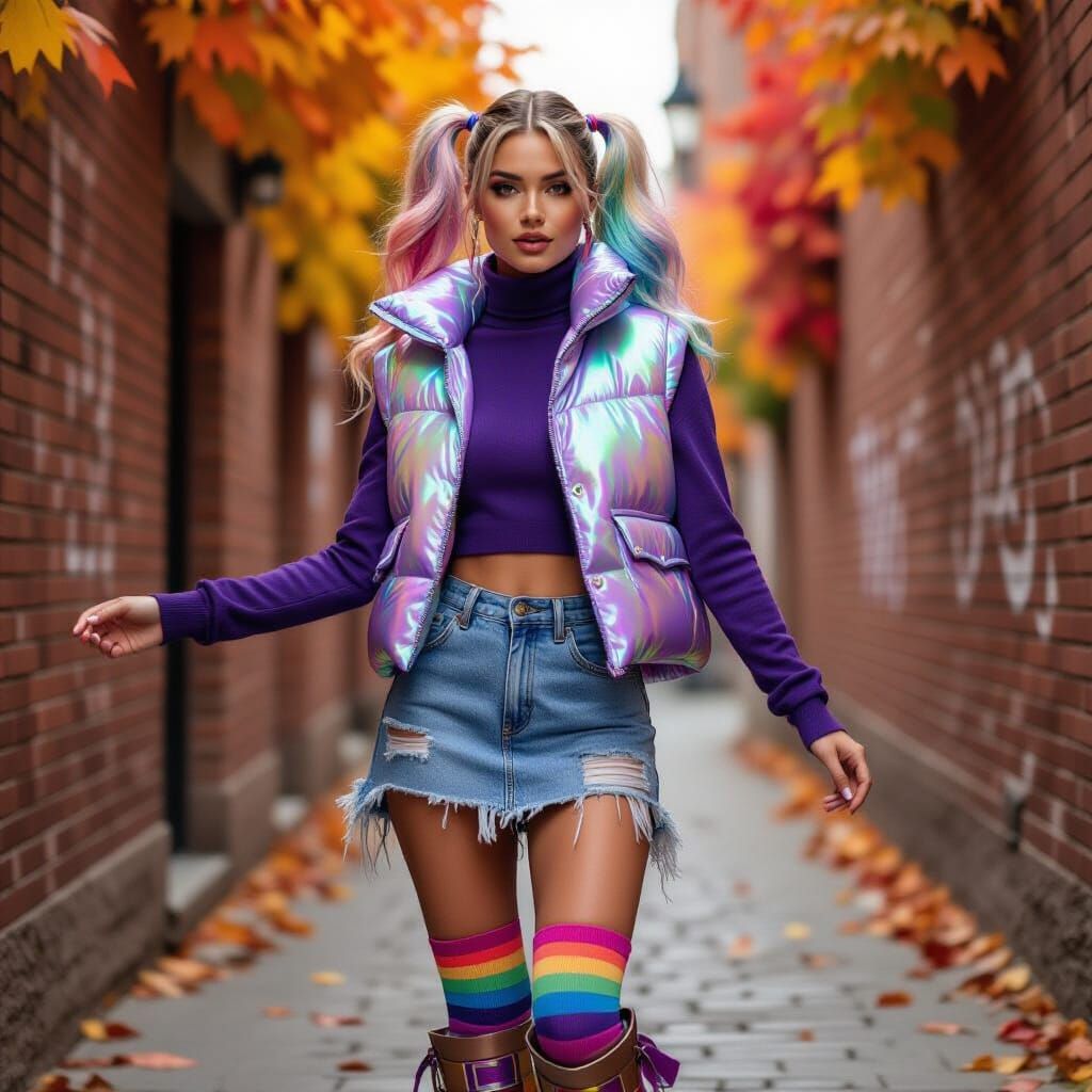 Woman in Iridescent Vest Amid Autumn Foliage
