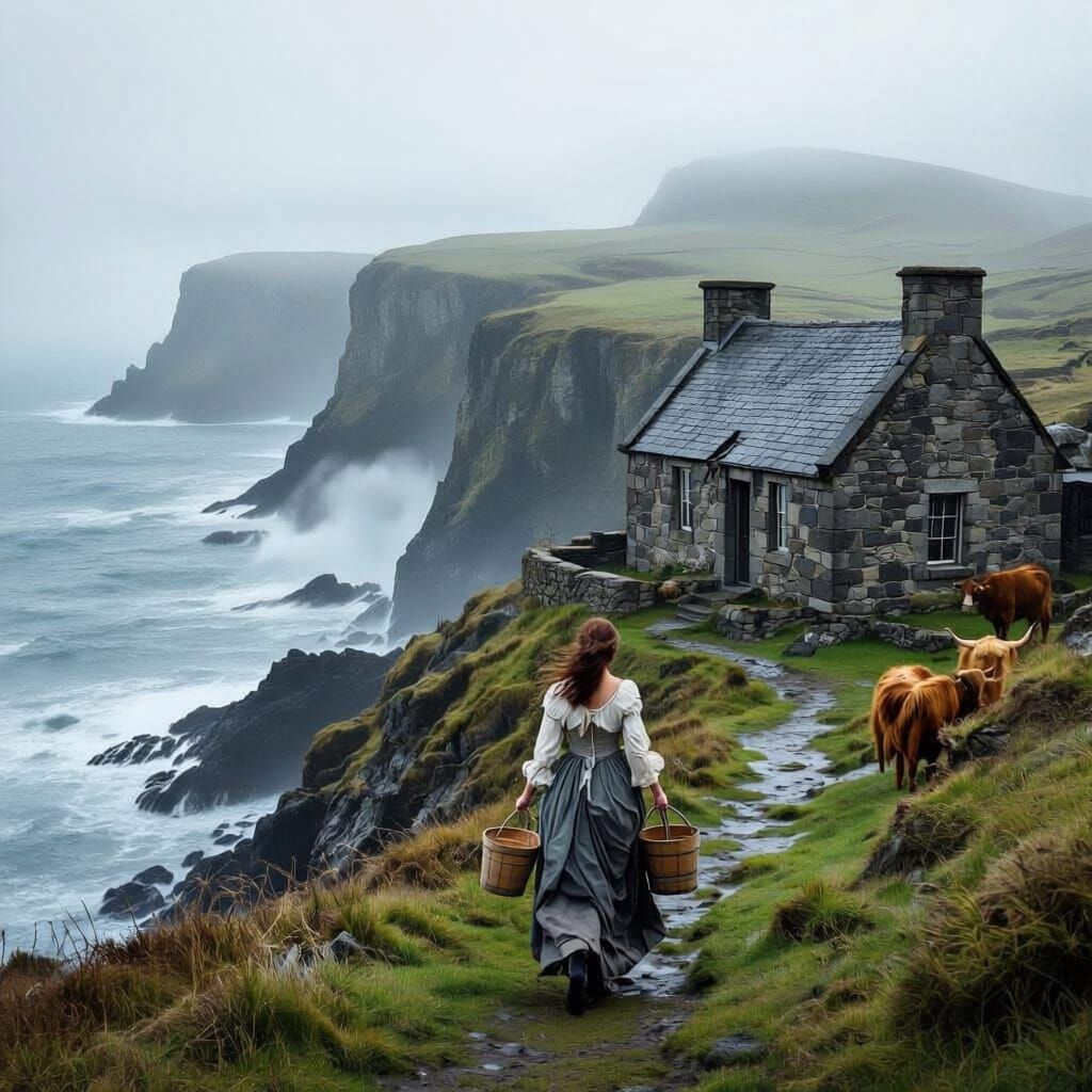 Scottish Cliffside Cottage Scene with Woman and Cattle