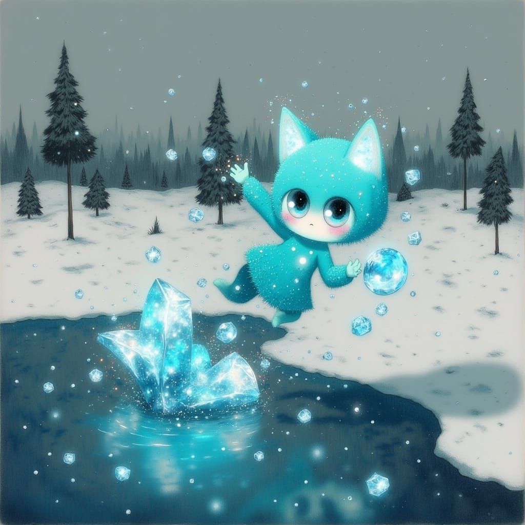 Turquoise Crystal Snow Fox Plays in Whimsical Winter Wonderl...
