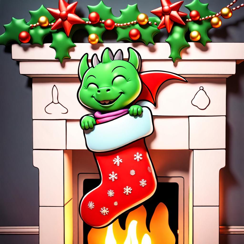 Cute baby dragon sleeping in a Christmas stocking hanging on the fireplace mantel
