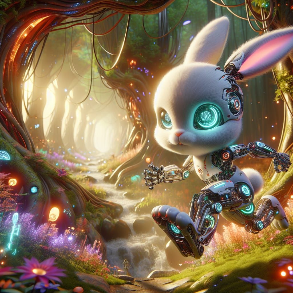 Cyborg Rabbit in Enchanted Forest: Epic Fantasy Art