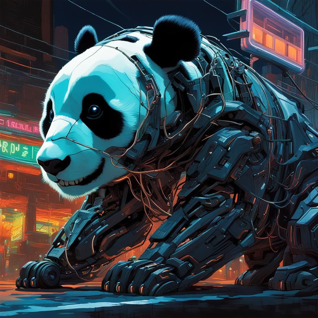 Cyberpunk Panda Hybrid Stalking Neon Streets