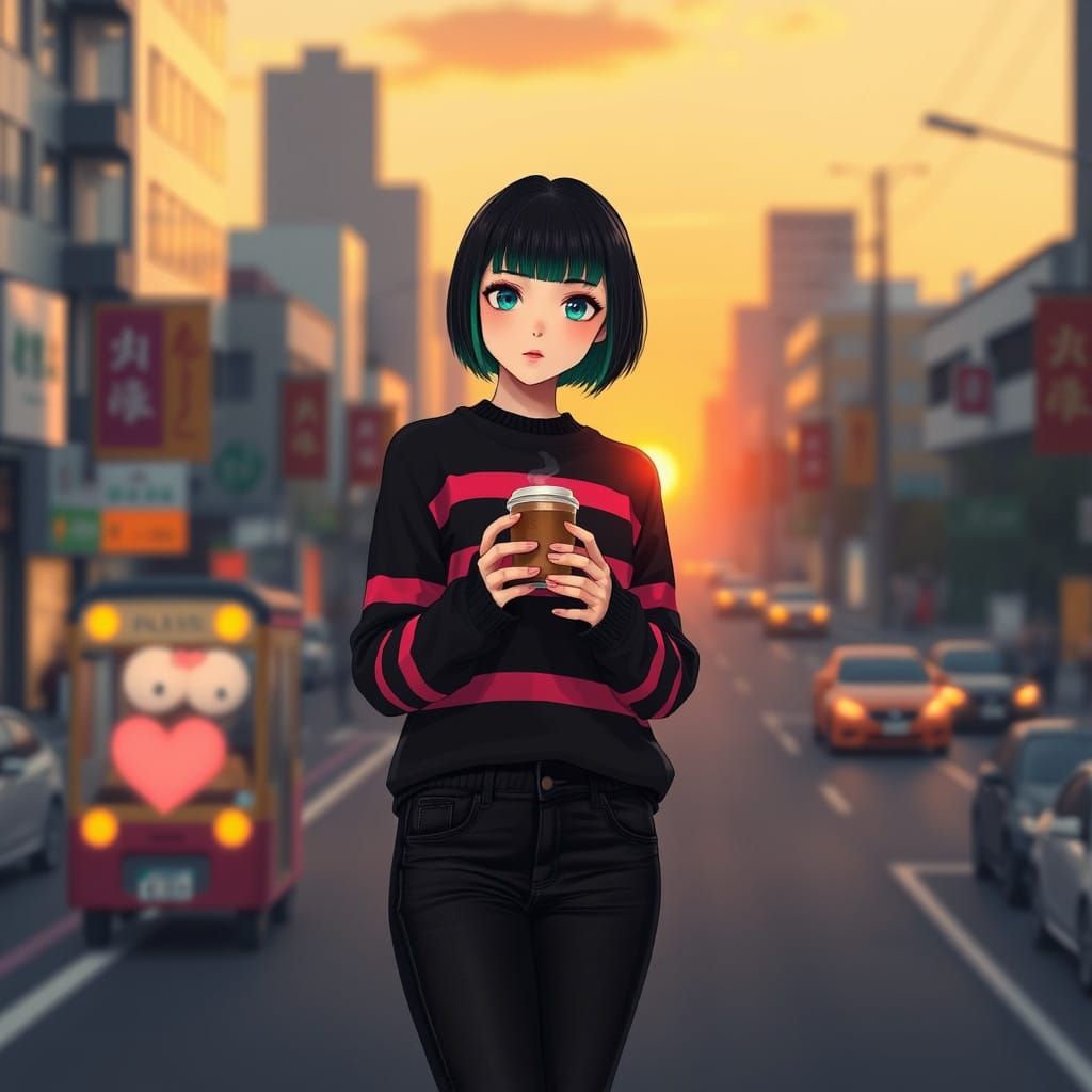 Sleek City Girl Reveals Sunrise Streets in Vibrant Anime Sty...