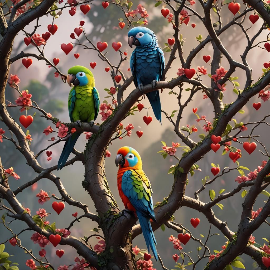 Cute Baby Parrots in Love: Digital Painting