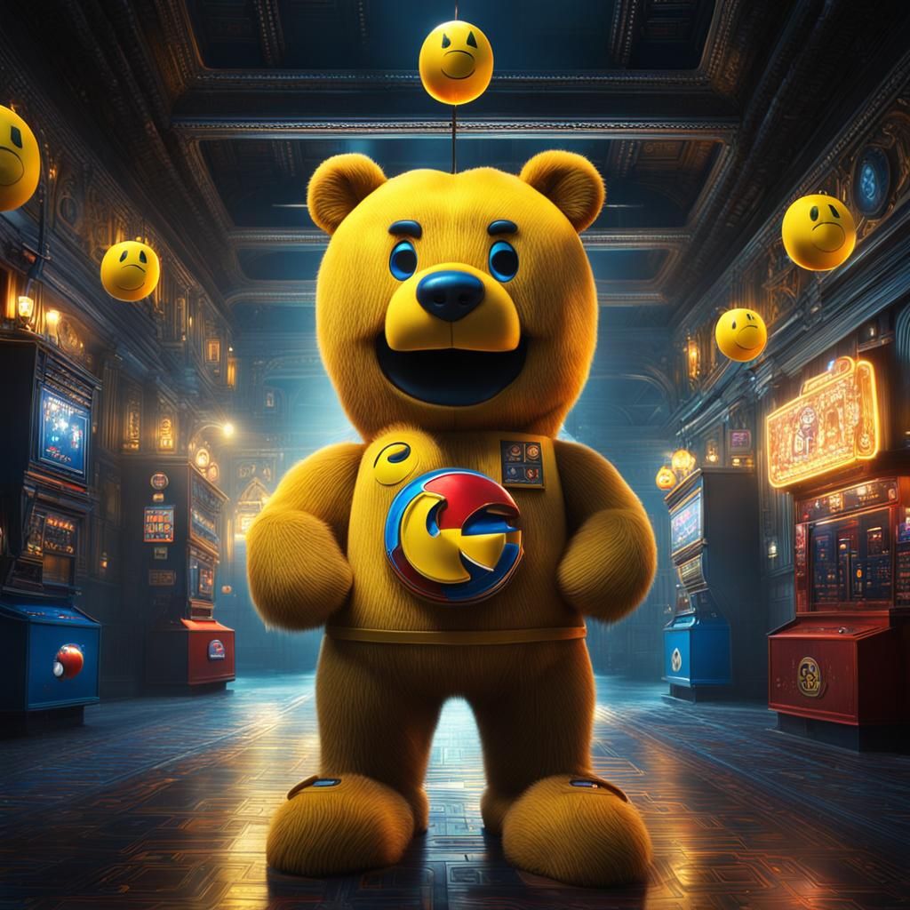 Hyperrealistic Pac-Man Bear in a Maze