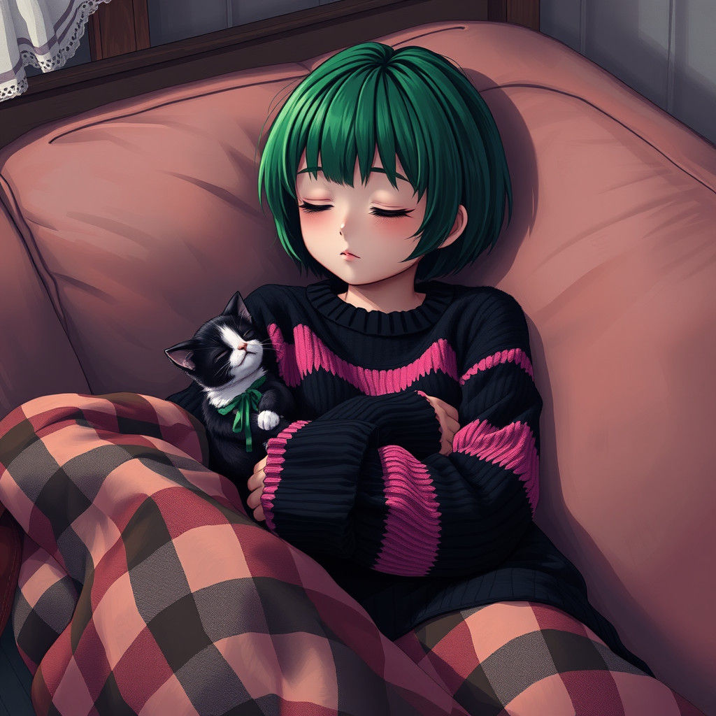 Anime Emo Girl Sleeping with Kitten