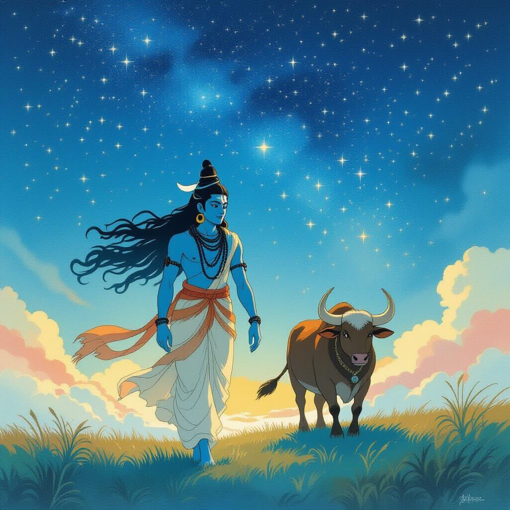 Lord Shiva Walks Starry Sky in Ghibli Style