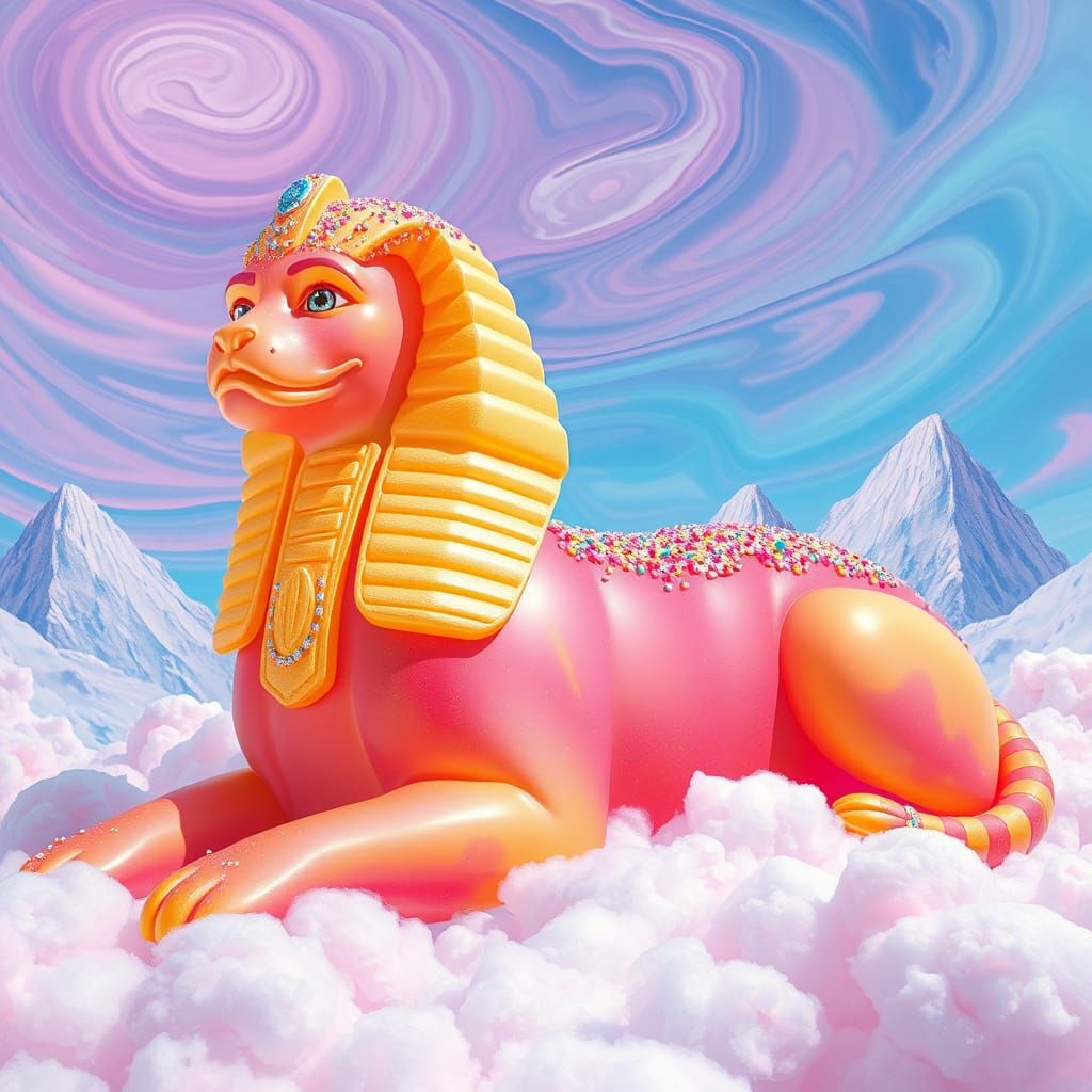 Gummy Sphinx Lounging on Candy Cloud, Digital Art