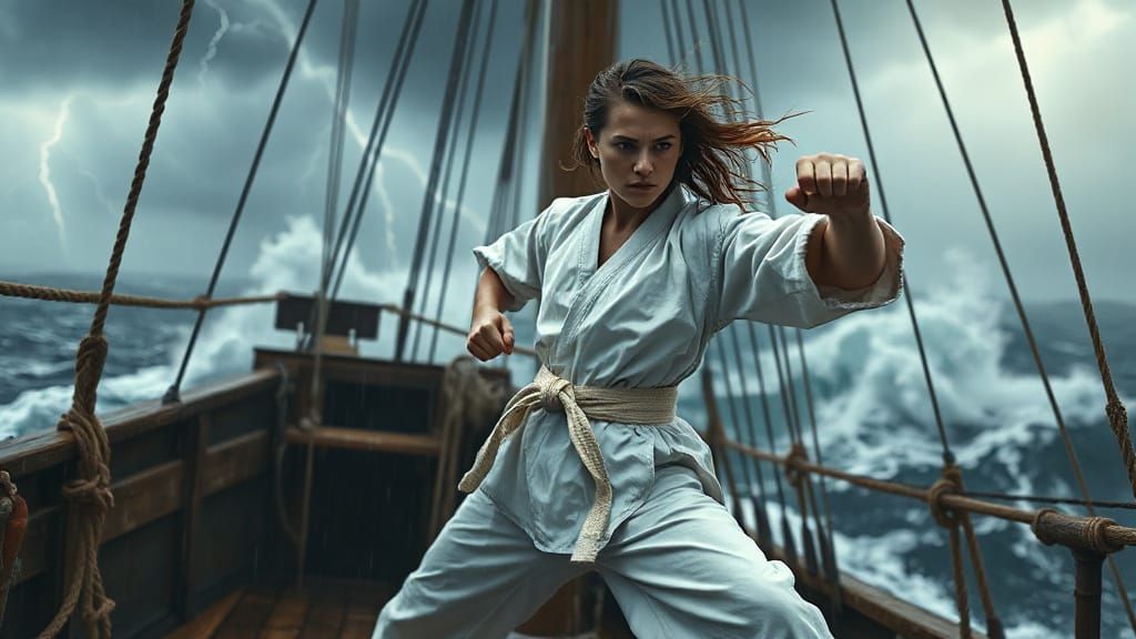 Martial Artist in Storm on Ship Deck