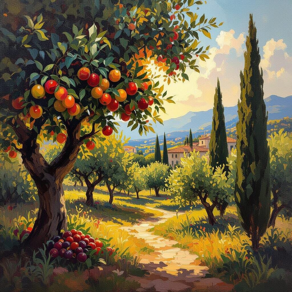 Lush Impasto Oil Painting of a Mediterranean Orchard