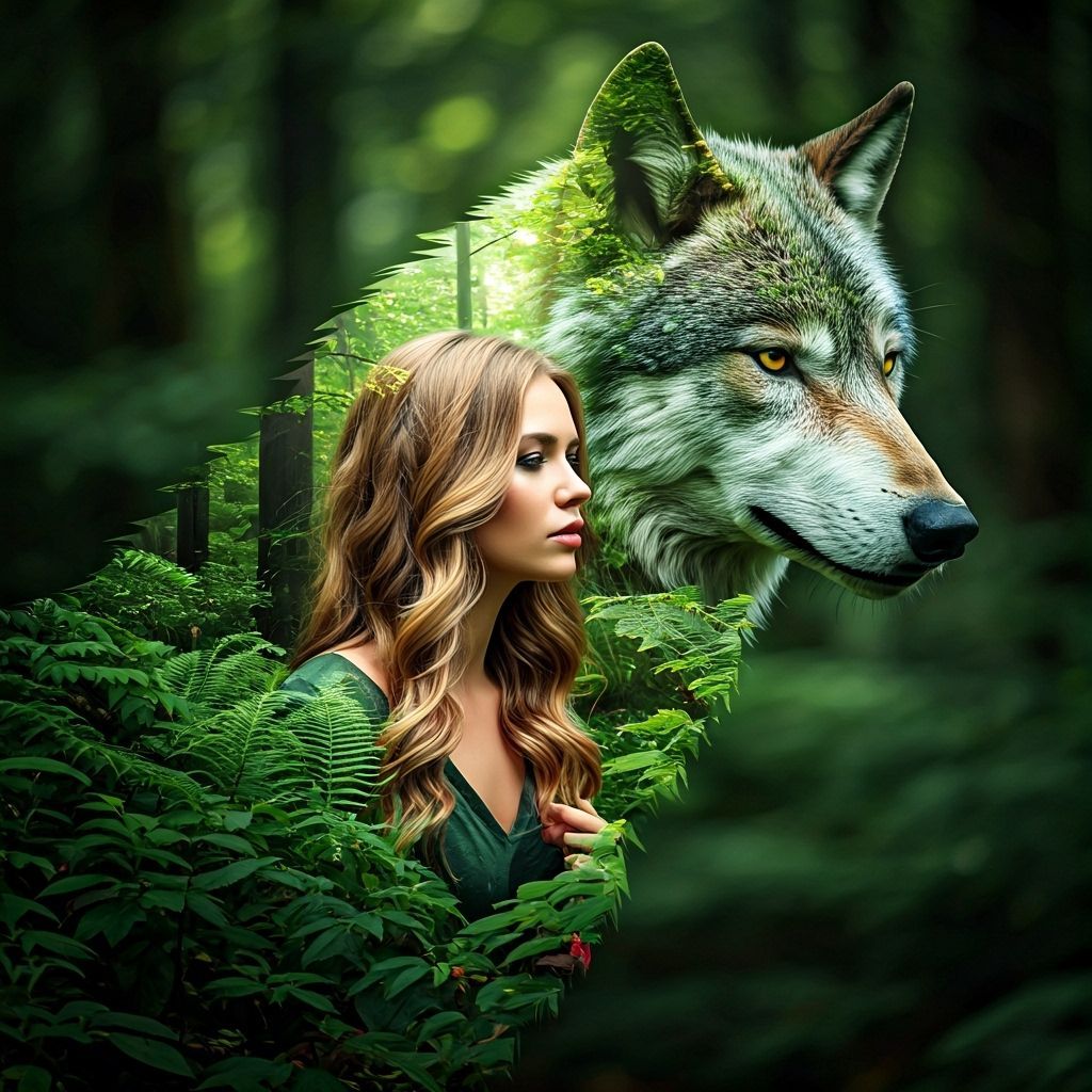 Enchanted Forest Woman and Wolf Silhouette
