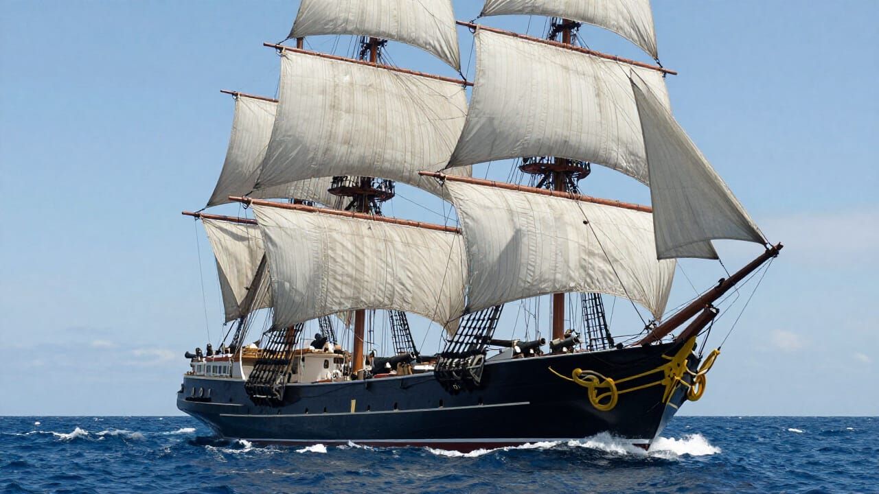 Powerful Sailing Brig with Many Cannons on High Seas
