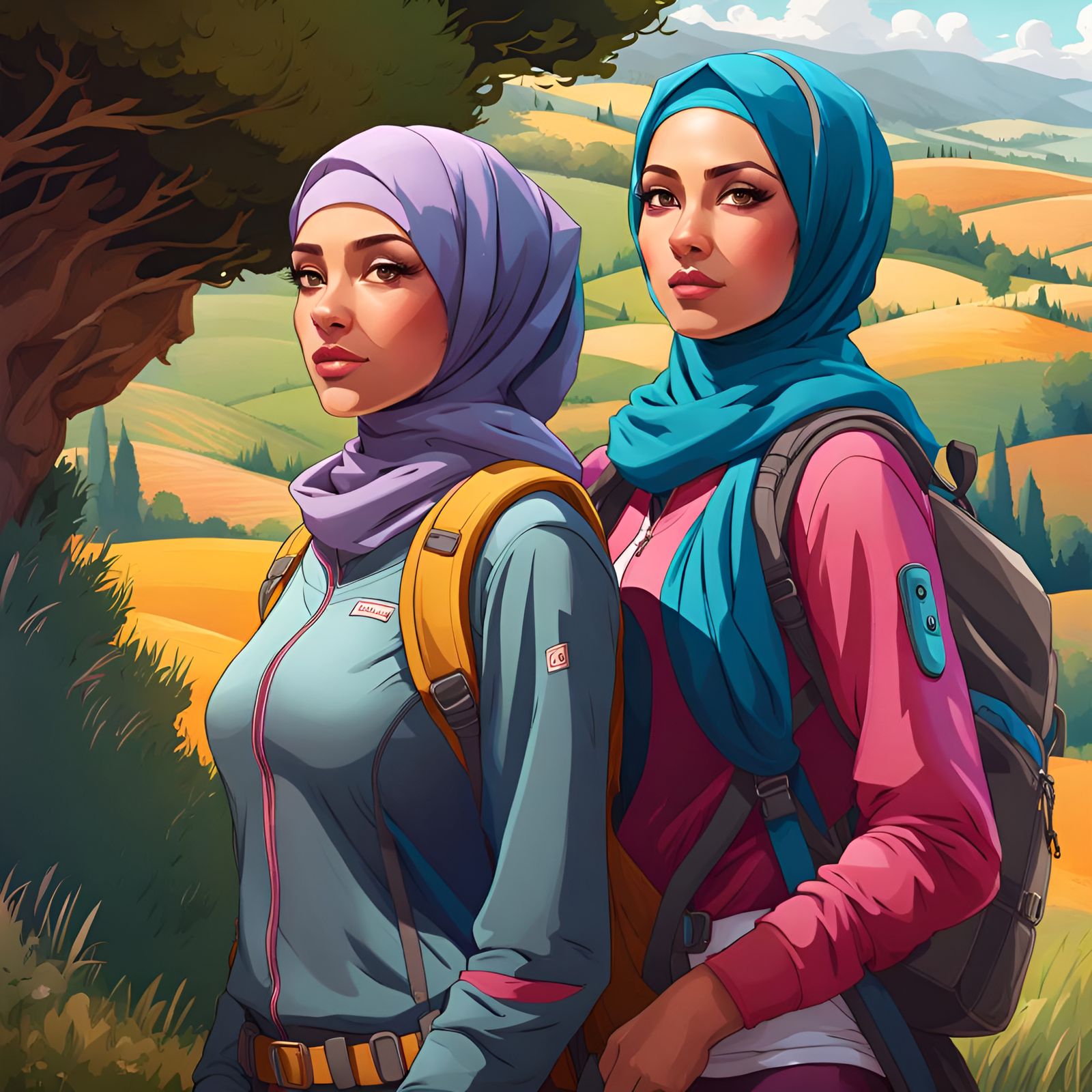 Hijabi Women Hiking in Tuscany: Artstation Portrait