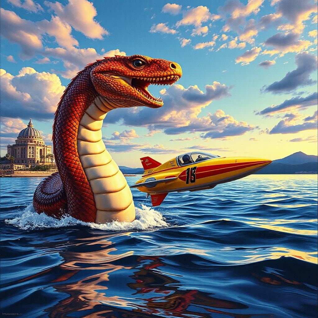 Sea Serpent Attacks Futuristic Jet Boat City