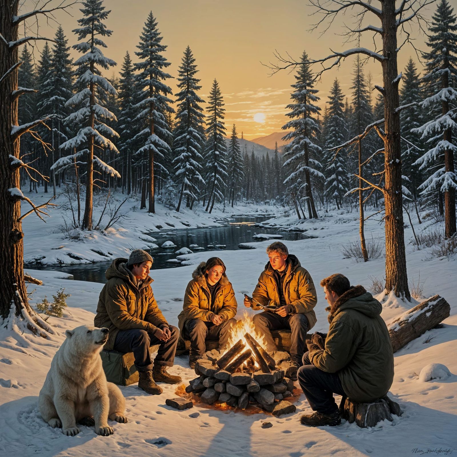 Winter Campers Surrounded by a Majestic Polar Bear