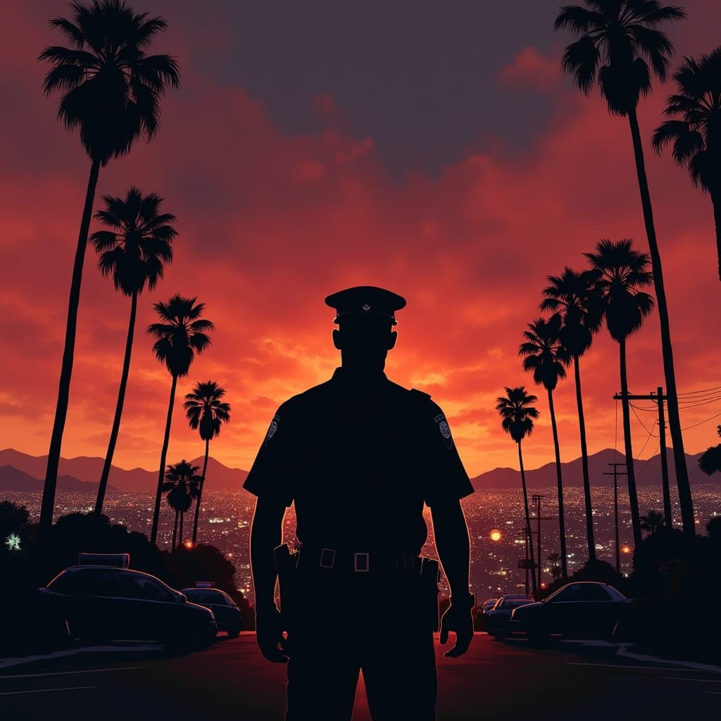 Police Officer Silhouette Against Los Angeles Sunset