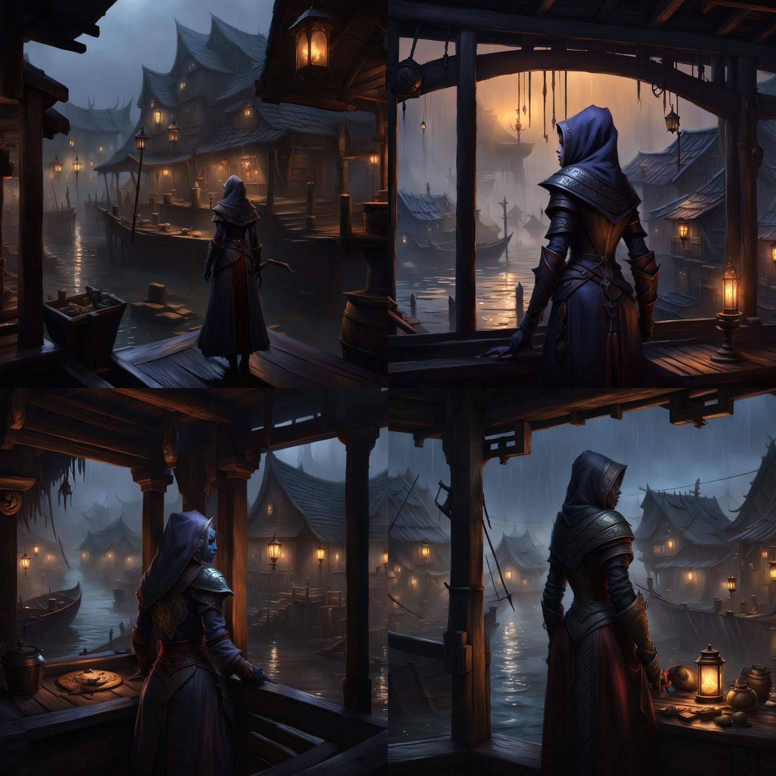 Drow Trader of Lolth in Rainy Village: Dark Fantasy Art