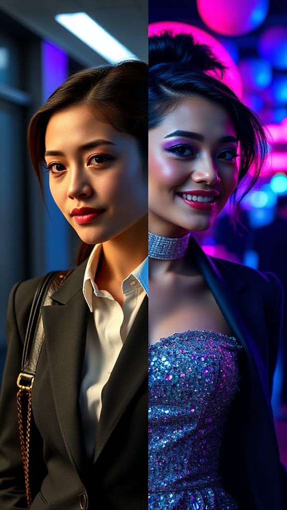 Woman's Dual Life: Business vs. Nightlife, Split Portrait